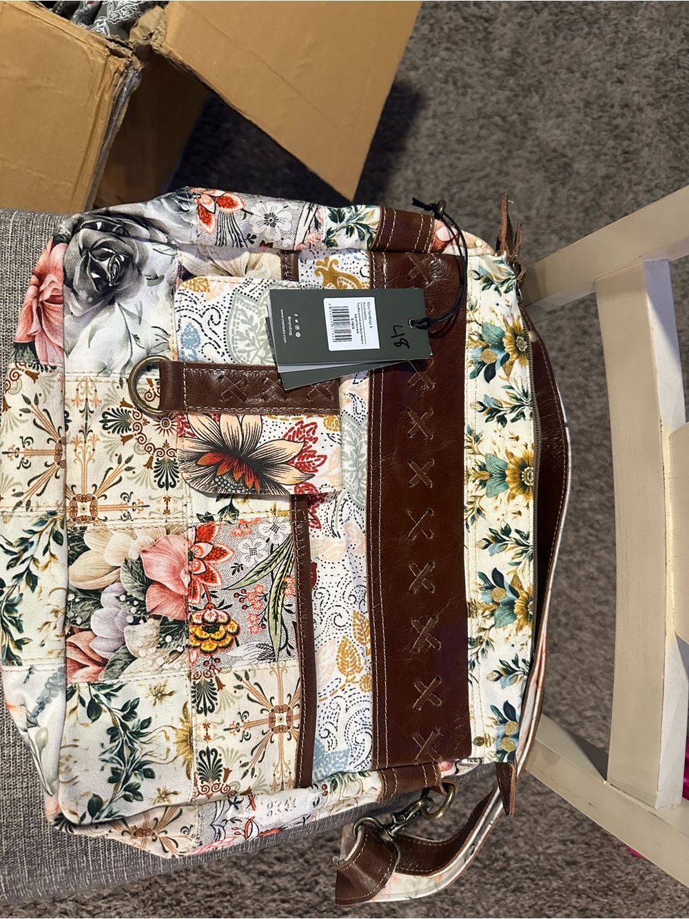 Myra Bag Floral Patchwork Crossbody with Brown Trim